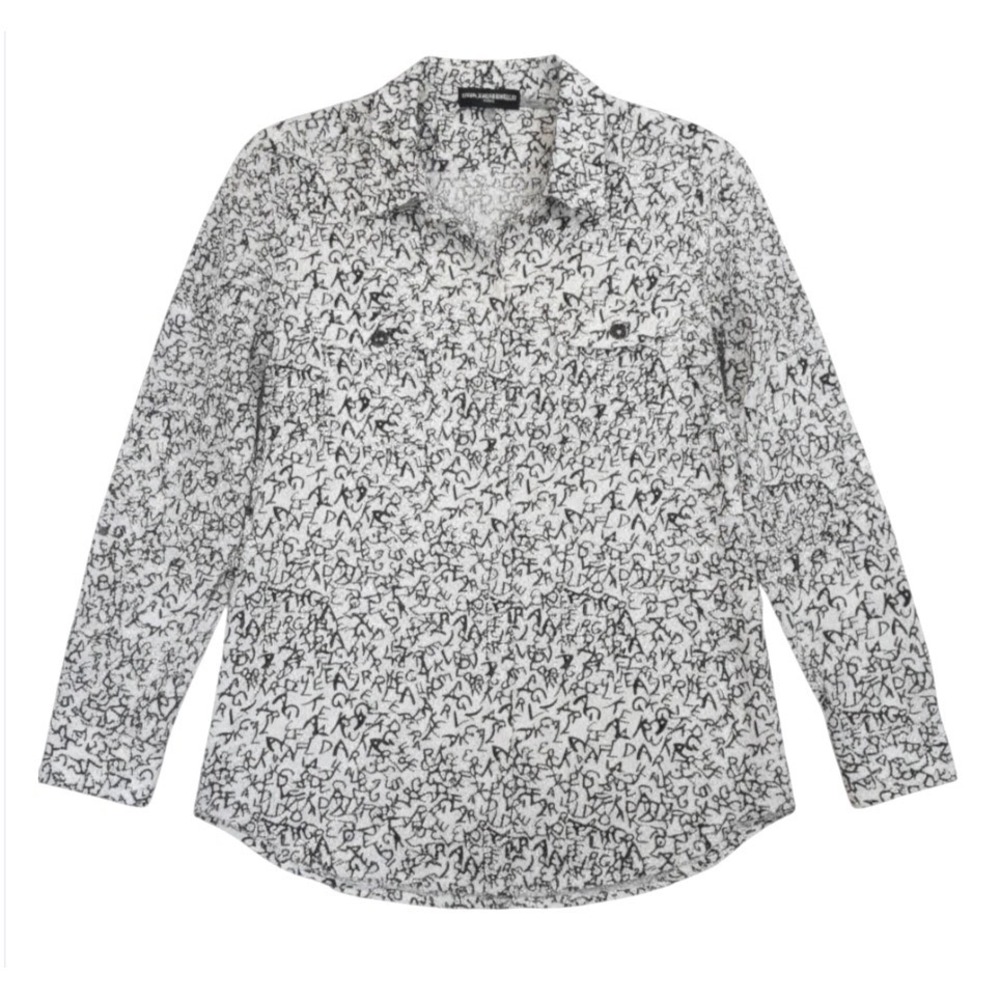 KARL LAGERFELD BUTTON-UP TOP SHIRT White w/Black Letters GRAFFITI Silky Blouse M